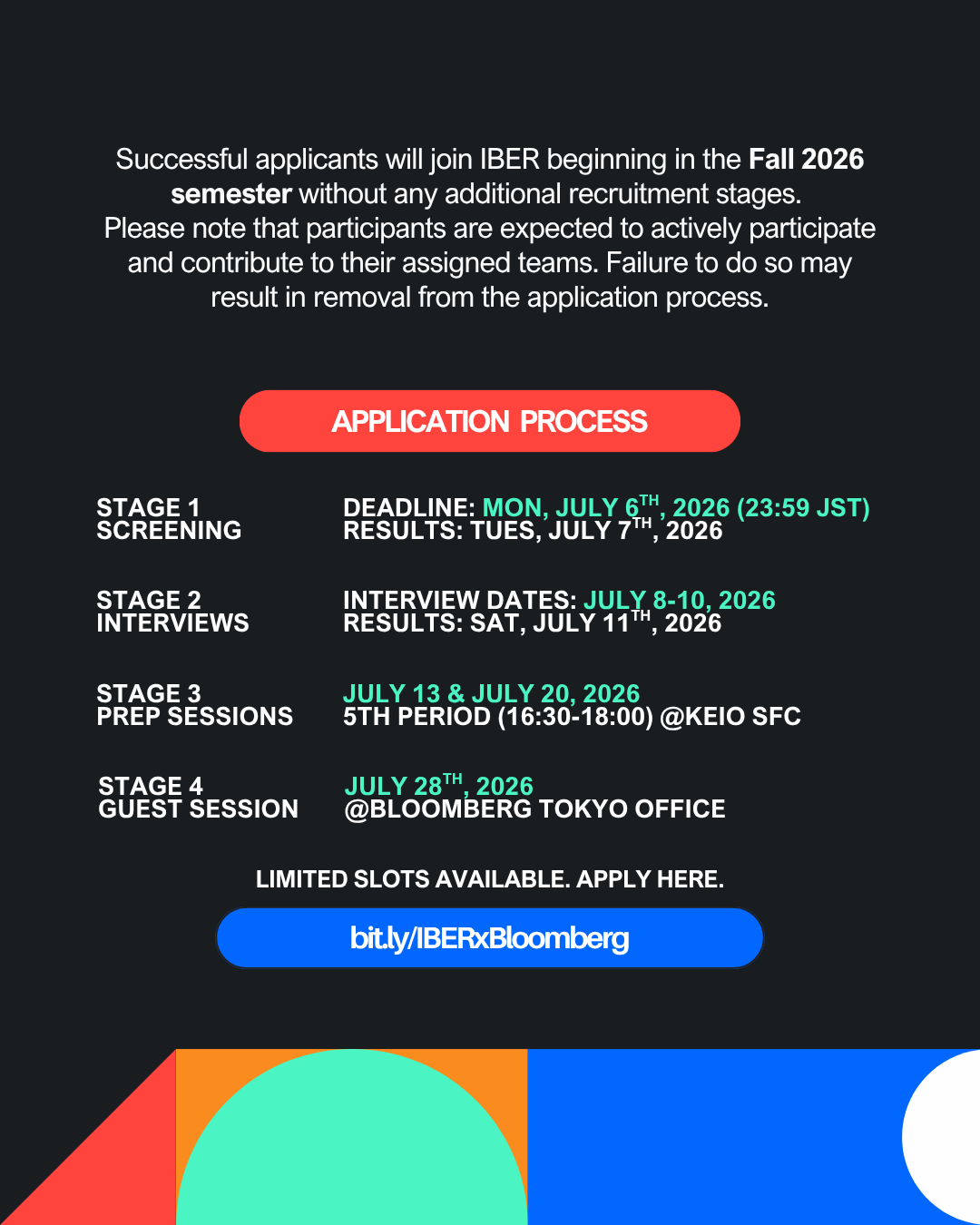 Application process — Stage 1 screening deadline 6 July 2026 (23:59 JST); Stage 2 interviews 8–10 July; Stage 3 prep sessions 13 & 20 July at Keio SFC; Stage 4 guest session 28 July at the Bloomberg Tokyo office. Apply at bit.ly/IBERxBloomberg.